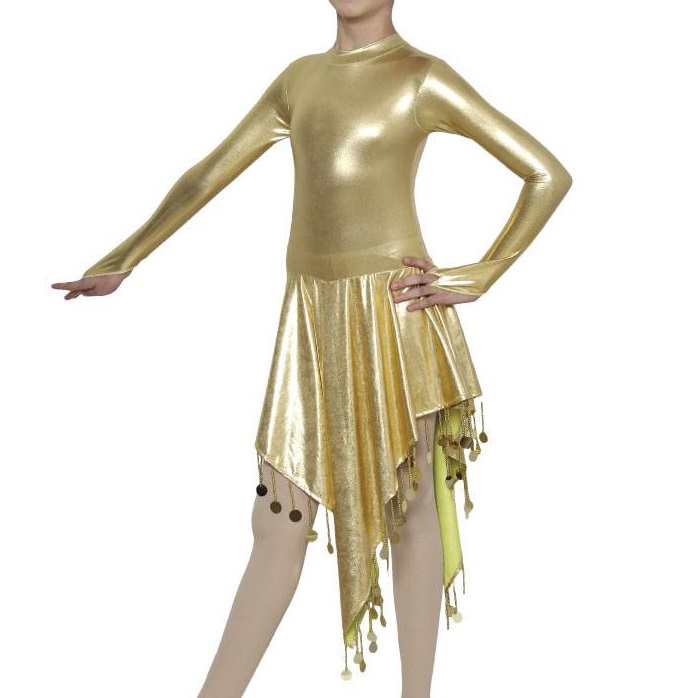 KLEO Uzun Kollu Altın Asimetrik Dalgalı Etekli Elbise